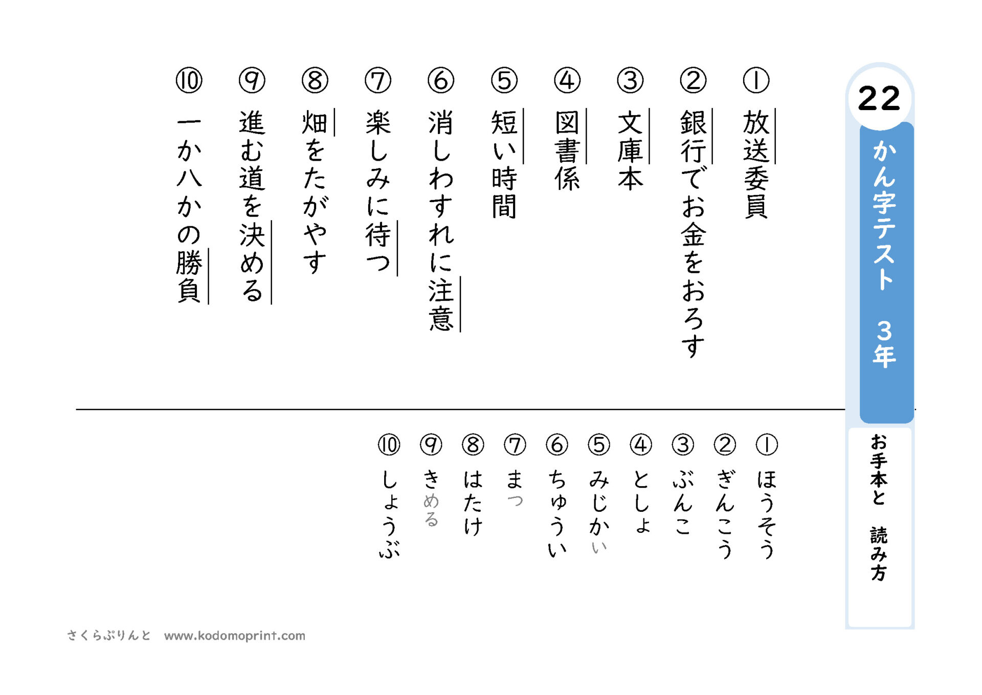 ３年生で習う漢字 漢字テスト２２ なぞりがきドリル 東京書籍版