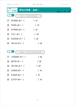 算数プリント 単位の変換 ５ ６年生対象 面積